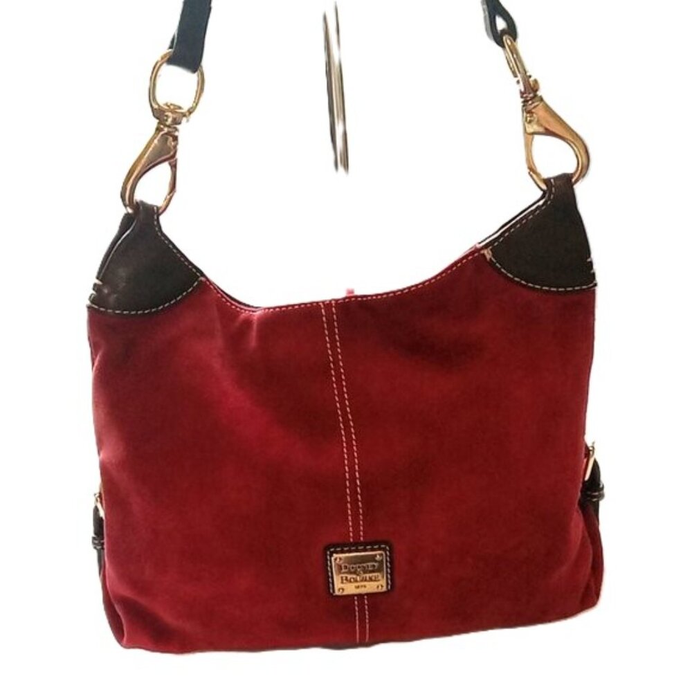 Dooney & Bourke Red Suede Shoulder Bag with Dark Brown Trim